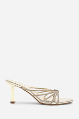 Pyris Diamante Multi Strap Knot Mules In Gold Metallic