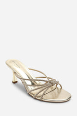 Pyris Wide Fit Diamante Multi Strap Knot Mules In Gold Metallic