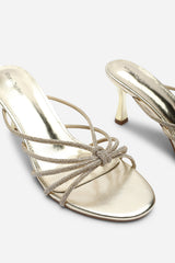 Pyris Wide Fit Diamante Multi Strap Knot Mules In Gold Metallic