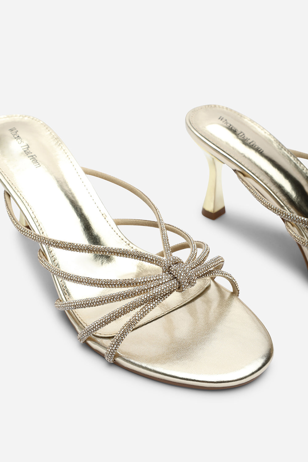 Pyris Diamante Multi Strap Knot Mules In Gold Metallic