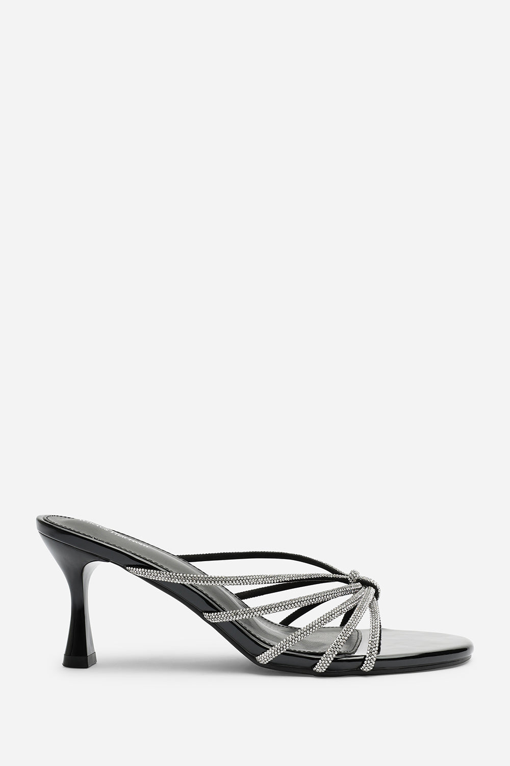 Pyris Silver Diamante Multi Strap Knot Mules In Black Patent