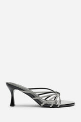 Pyris Silver Diamante Multi Strap Knot Mules In Black Patent