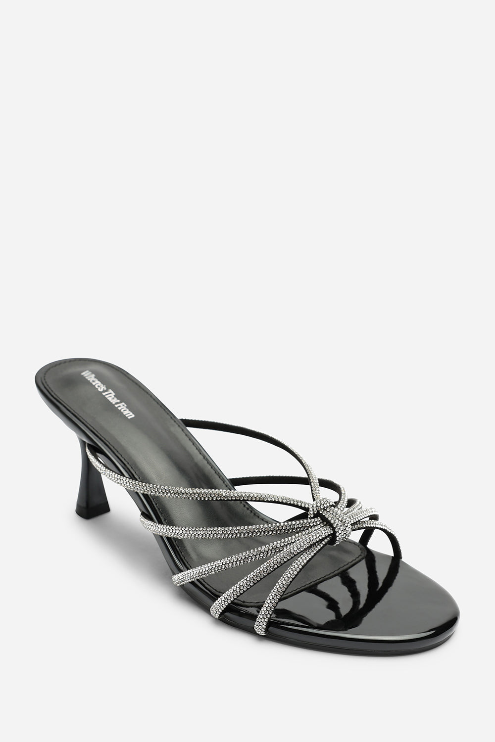 Pyris Silver Diamante Multi Strap Knot Mules In Black Patent