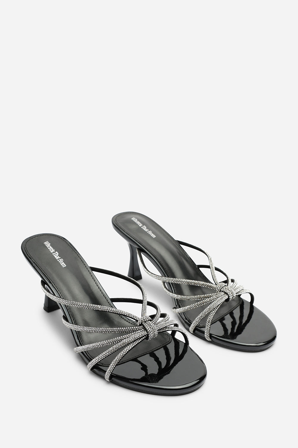 Pyris Silver Diamante Multi Strap Knot Mules In Black Patent