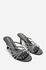 Pyris Wide Fit Silver Diamante Multi Strap Knot Mules In Black Patent