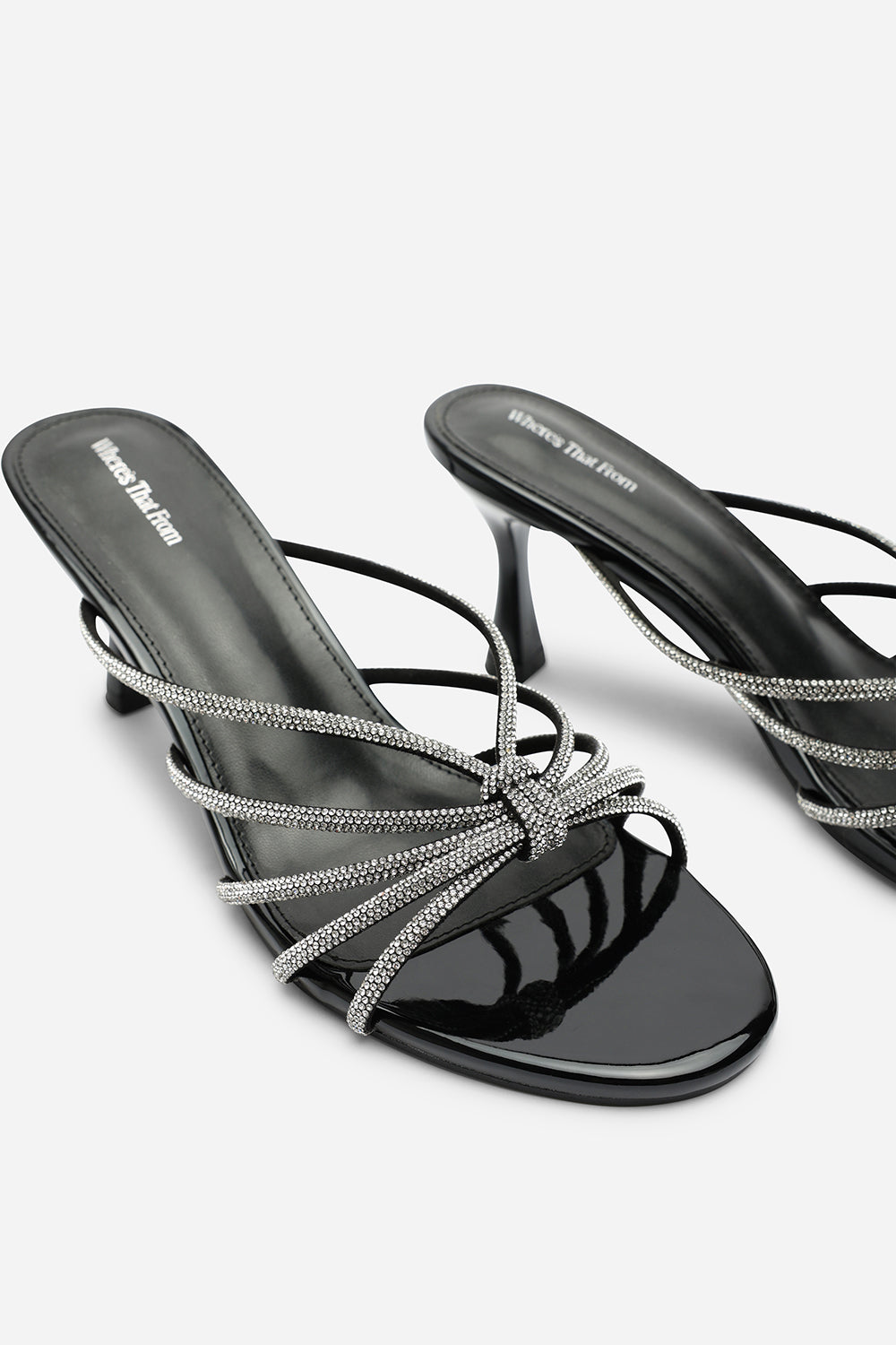 Pyris Wide Fit Silver Diamante Multi Strap Knot Mules In Black Patent