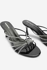 Pyris Wide Fit Silver Diamante Multi Strap Knot Mules In Black Patent