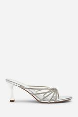 Pyris Wide Fit Diamante Multi Strap Knot Mules In Silver Metallic