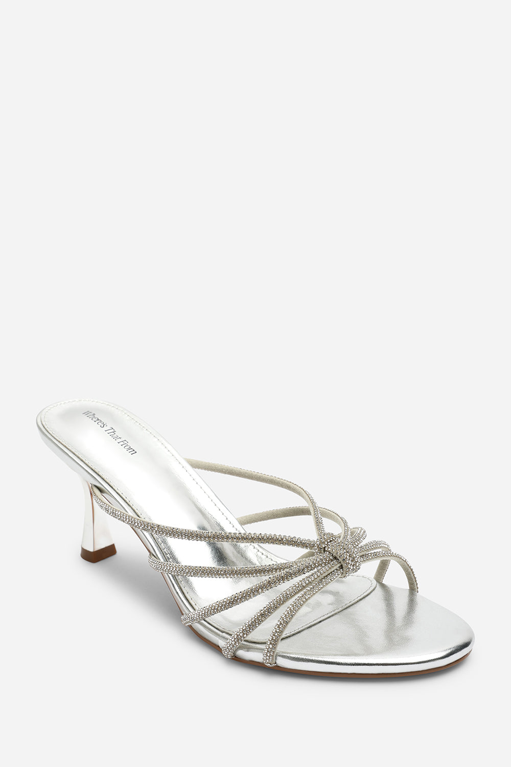 Pyris Diamante Multi Strap Knot Mules In Silver Metallic