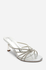 Pyris Diamante Multi Strap Knot Mules In Silver Metallic