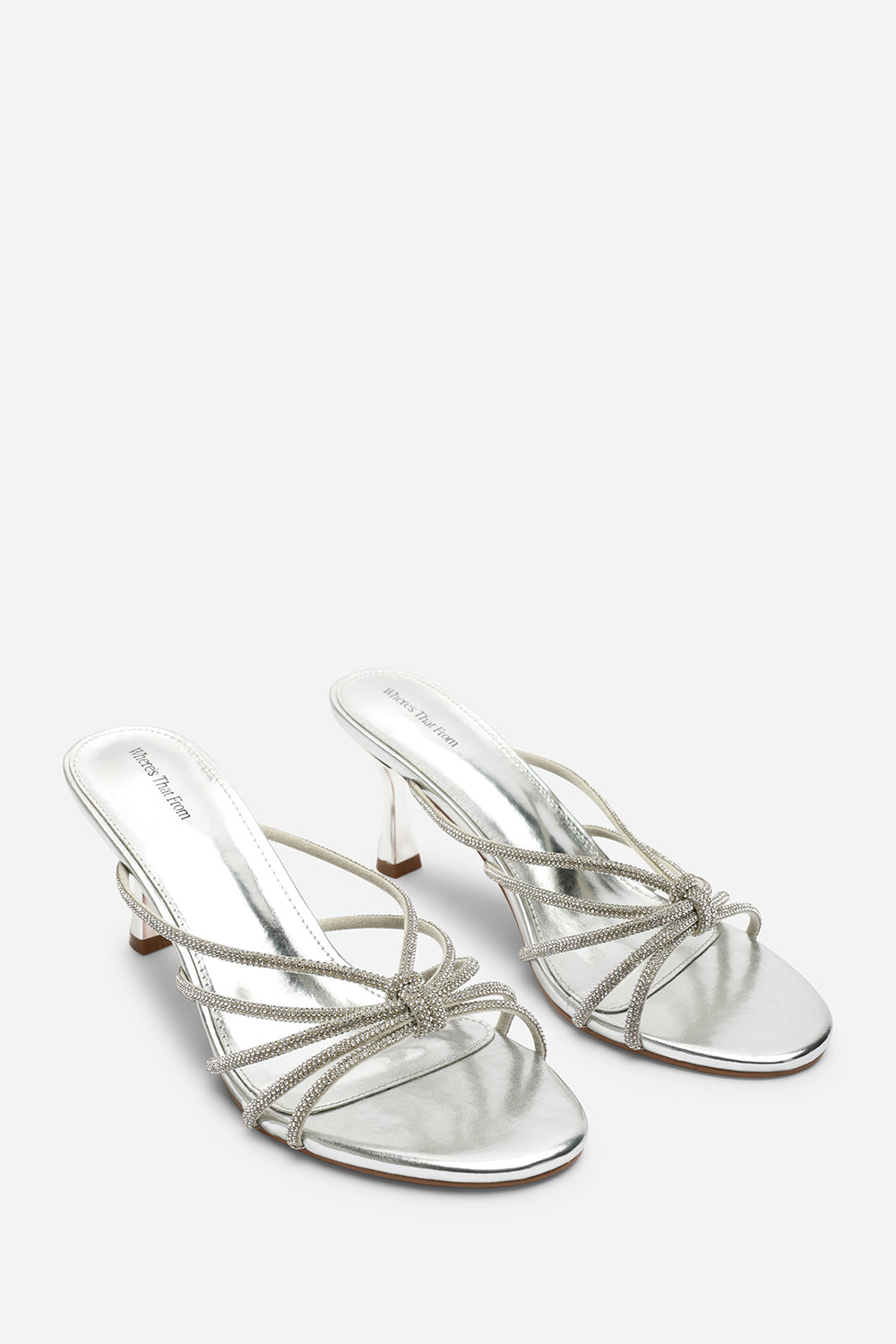 Pyris Diamante Multi Strap Knot Mules In Silver Metallic