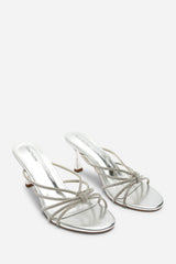 Pyris Diamante Multi Strap Knot Mules In Silver Metallic