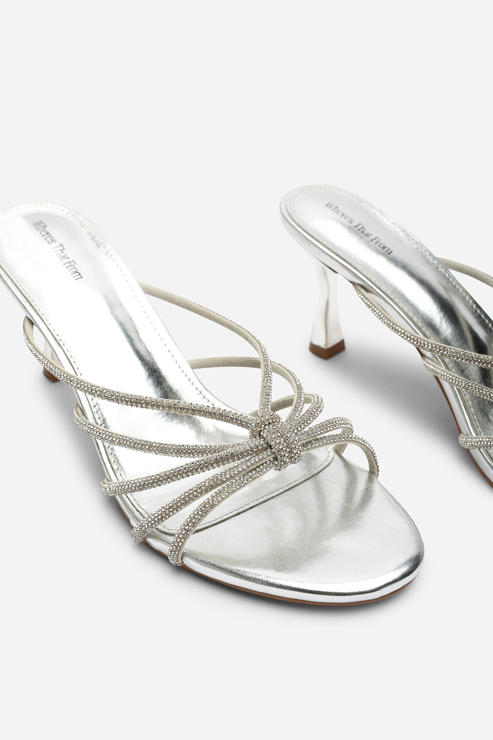 Pyris Diamante Multi Strap Knot Mules In Silver Metallic