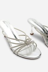 Pyris Wide Fit Diamante Multi Strap Knot Mules In Silver Metallic