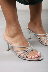 Pyris Wide Fit Diamante Multi Strap Knot Mules In Silver Metallic