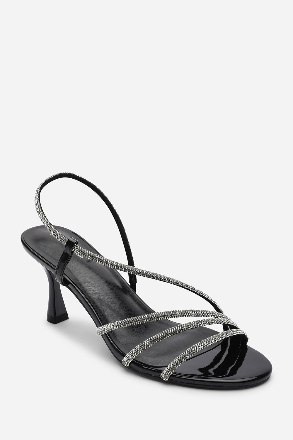 Gloria Diamante Strappy Low Heeled Black Patent Sandals
