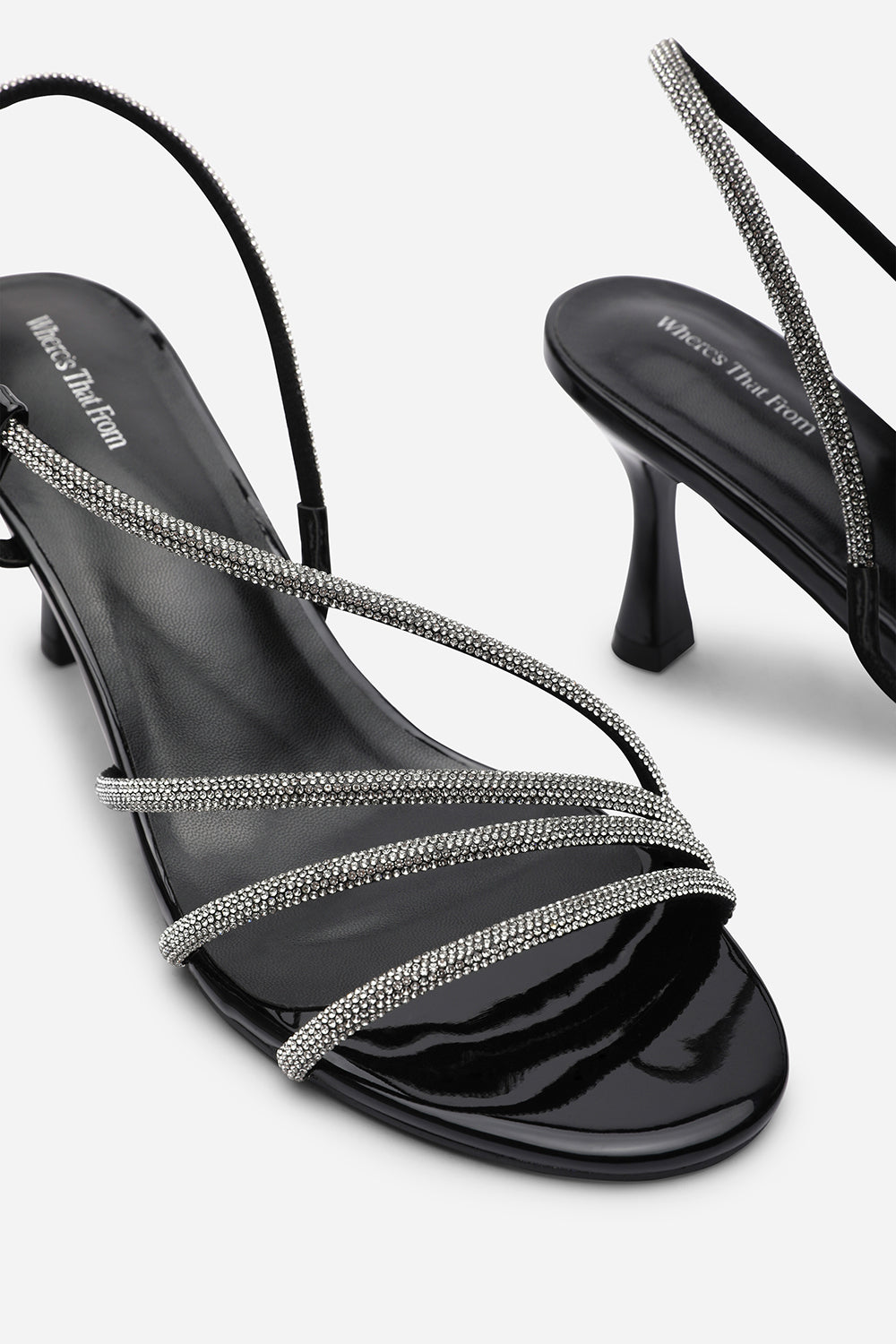 Gloria Diamante Strappy Low Heeled Black Patent Sandals