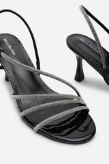 Gloria Diamante Strappy Low Heeled Black Patent Sandals