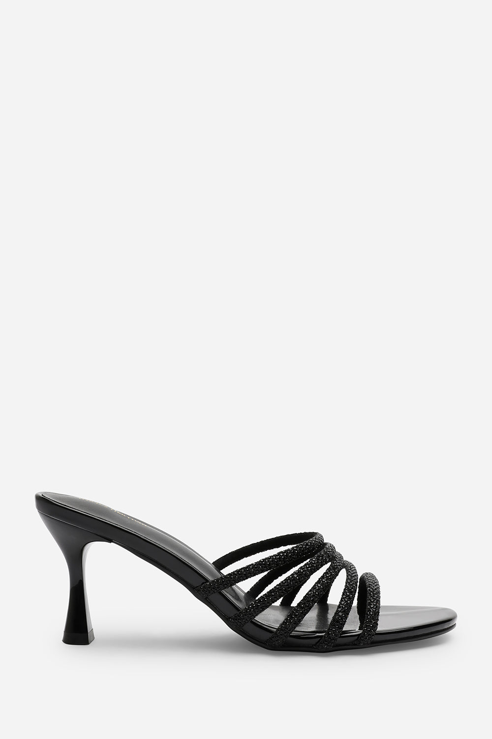 Saskia Diamante Strappy Low Heeled Mules In Black Patent