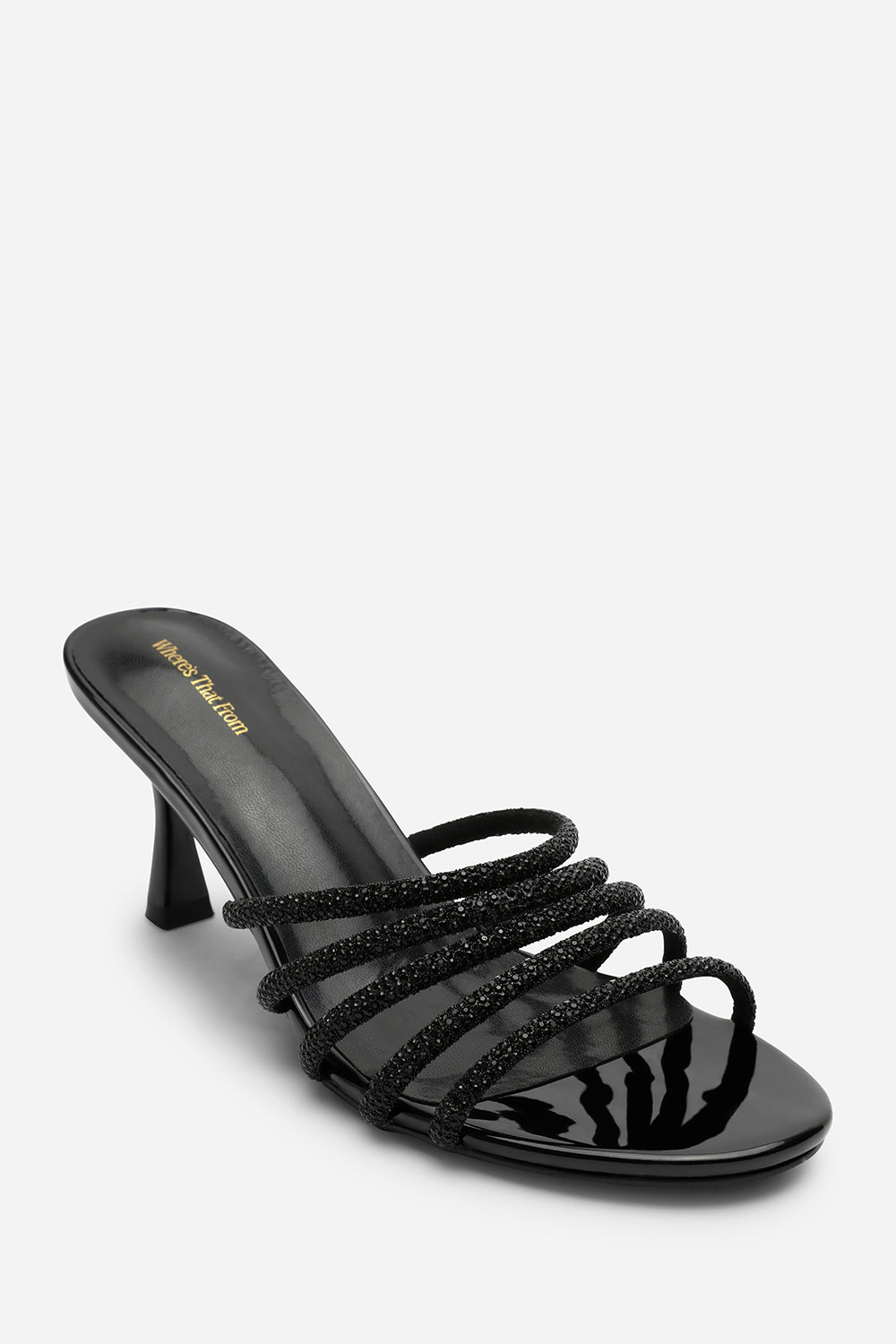 Saskia Diamante Strappy Low Heeled Mules In Black Patent