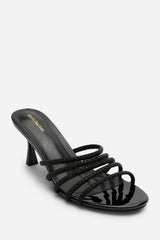 Saskia Diamante Strappy Low Heeled Mules In Black Patent