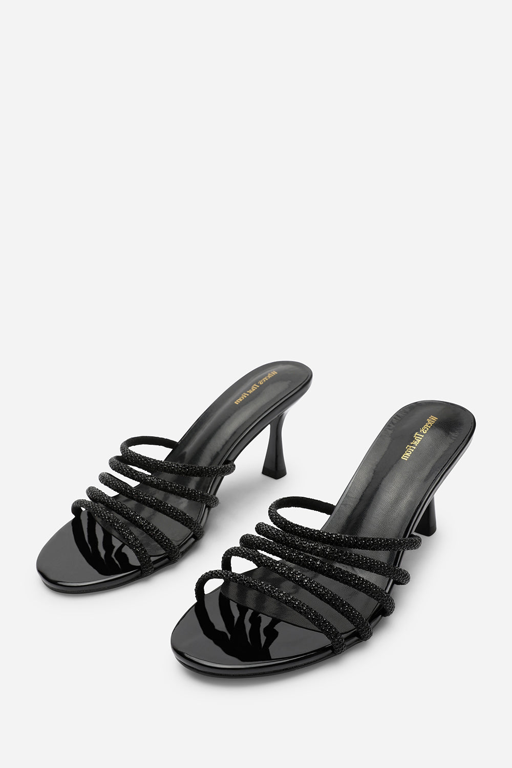 Saskia Diamante Strappy Low Heeled Mules In Black Patent