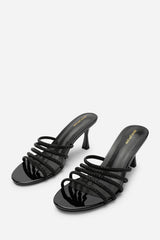 Saskia Diamante Strappy Low Heeled Mules In Black Patent
