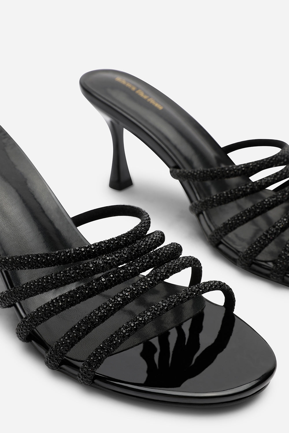 Saskia Diamante Strappy Low Heeled Mules In Black Patent