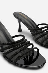 Saskia Diamante Strappy Low Heeled Mules In Black Patent
