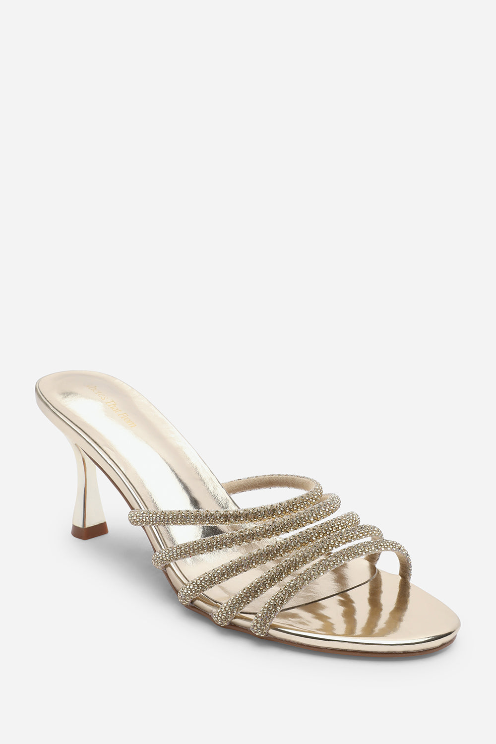 Saskia Diamante Strappy Low Heeled Mules In Gold Chrome
