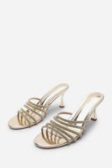 Saskia Diamante Strappy Low Heeled Mules In Gold Chrome