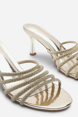 Saskia Diamante Strappy Low Heeled Mules In Gold Chrome