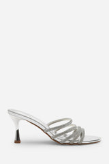 Saskia Diamante Strappy Low Heeled Mules In Silver Chrome