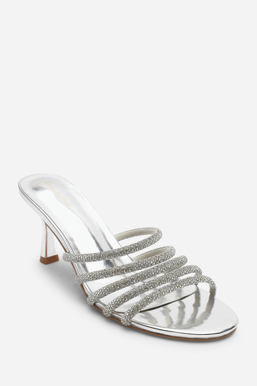 Saskia Diamante Strappy Low Heeled Mules In Silver Chrome