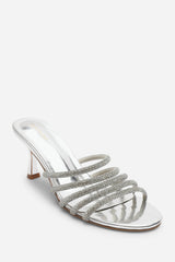 Saskia Diamante Strappy Low Heeled Mules In Silver Chrome