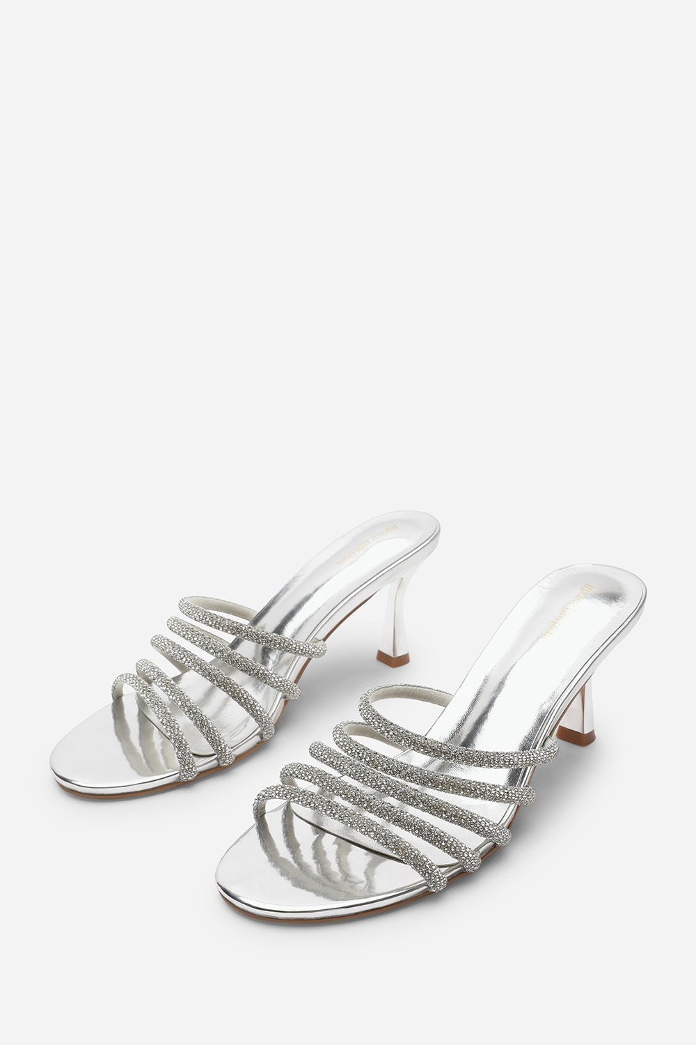 Saskia Diamante Strappy Low Heeled Mules In Silver Chrome