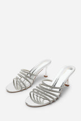 Saskia Diamante Strappy Low Heeled Mules In Silver Chrome