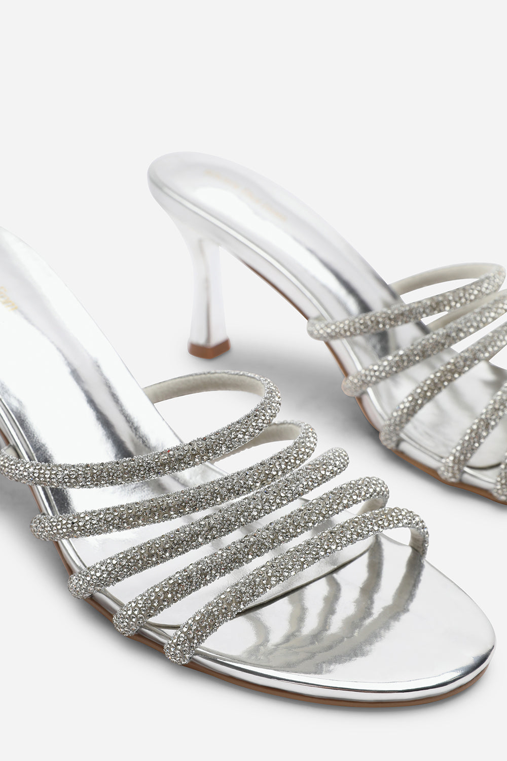 Saskia Diamante Strappy Low Heeled Mules In Silver Chrome