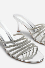 Saskia Diamante Strappy Low Heeled Mules In Silver Chrome
