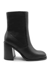 KEISHA BLOCK HEEL MID CALF BOOTS WITH SIDE ZIP IN BLACK FAUX LEATHER