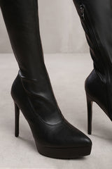 VEENA POINTED TOE KNEE HIGH HEEL PLATFORM BOOTS IN BLACK FAUX LEATHER