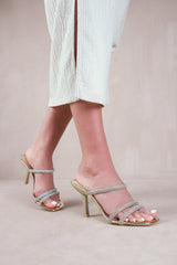 MOONSTONE STRAPPY SLIP ON LOW HEELS WITH DIAMANTE DETAIL IN GOLD METALLIC