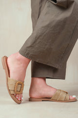 NOON SLIP ON FLATS WITH RAFFIA DETAILING IN NATURAL FAUX LEATHER
