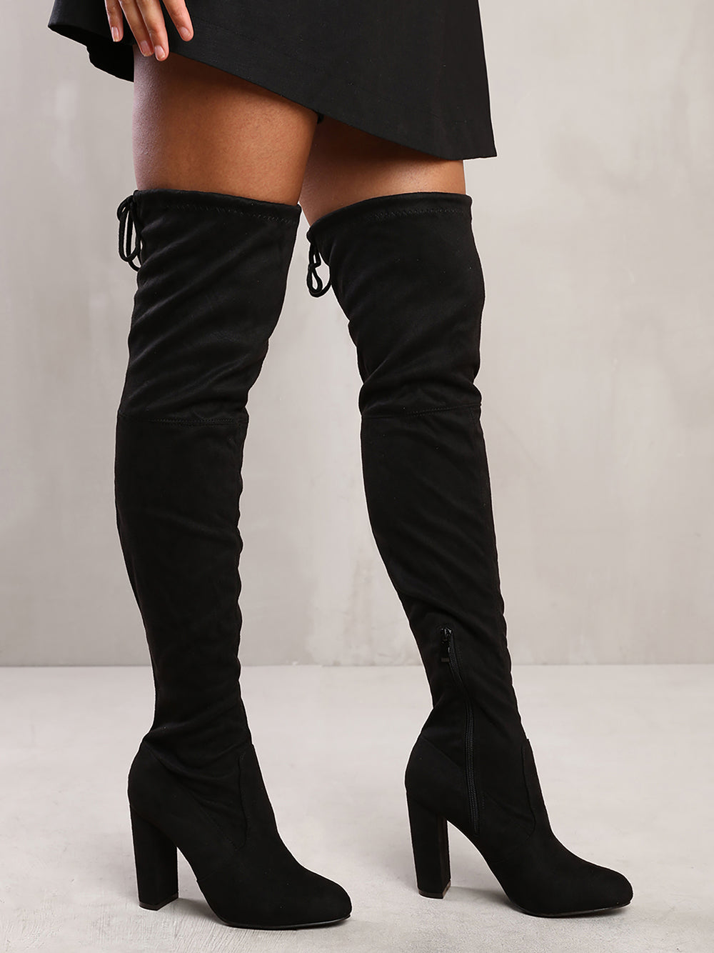 DIANE HIGH HEEL OVER THE KNEE BOOT WITH LACE UP & STUD DETAIL IN BLACK SUEDE