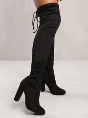 DIANE HIGH HEEL OVER THE KNEE BOOT WITH LACE UP & STUD DETAIL IN BLACK SUEDE