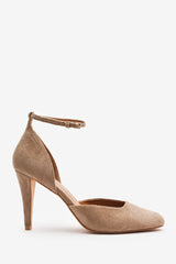 Piper Pointed Toe Heels with Ankle Strap in Camel Suede