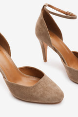 Piper Pointed Toe Heels with Ankle Strap in Camel Suede