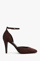 Piper Wide Fit Pointed Toe Heels With Ankle Strap In Dark Brown Suede