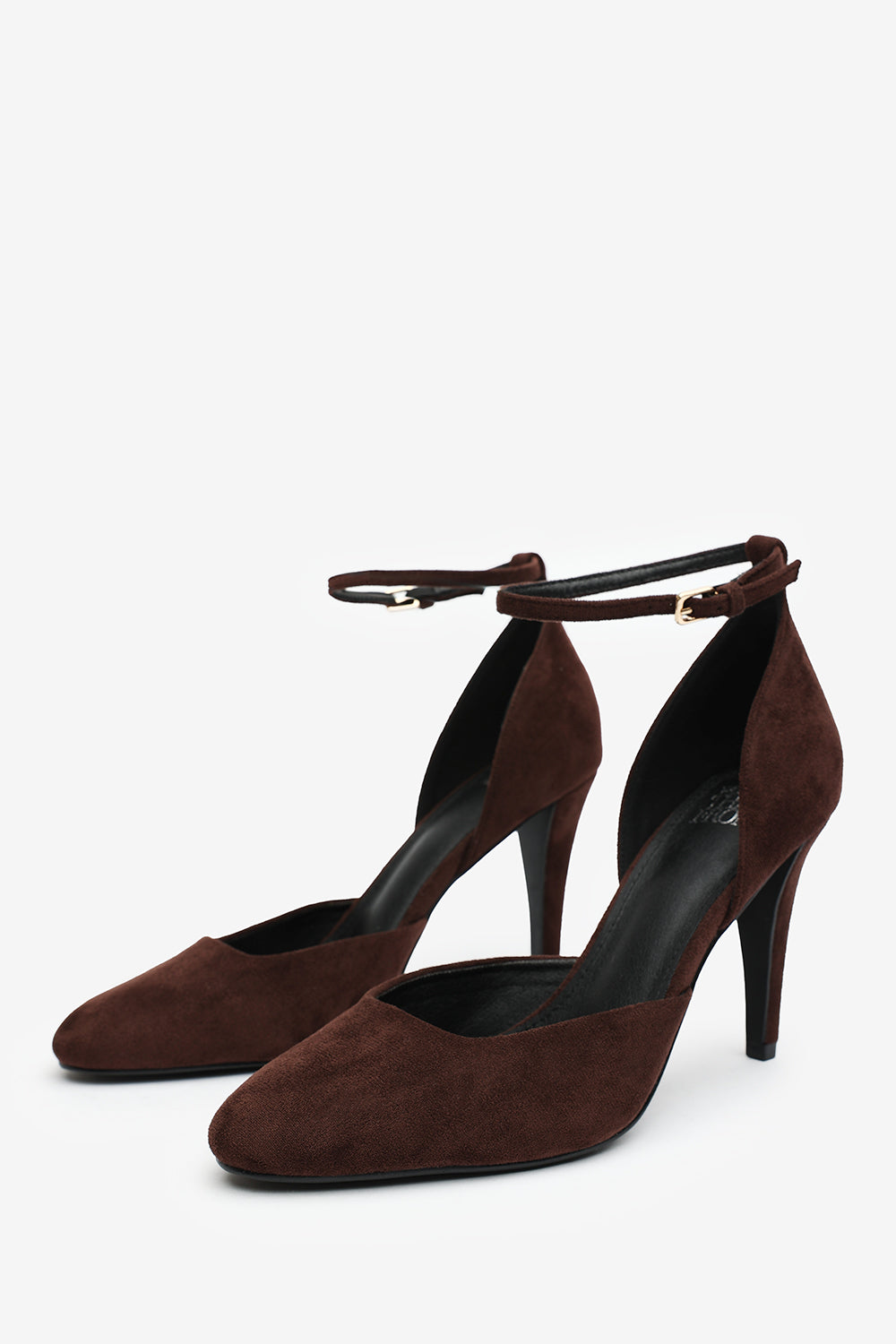 Piper Wide Fit Pointed Toe Heels With Ankle Strap In Dark Brown Suede
