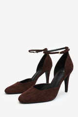 Piper Wide Fit Pointed Toe Heels With Ankle Strap In Dark Brown Suede
